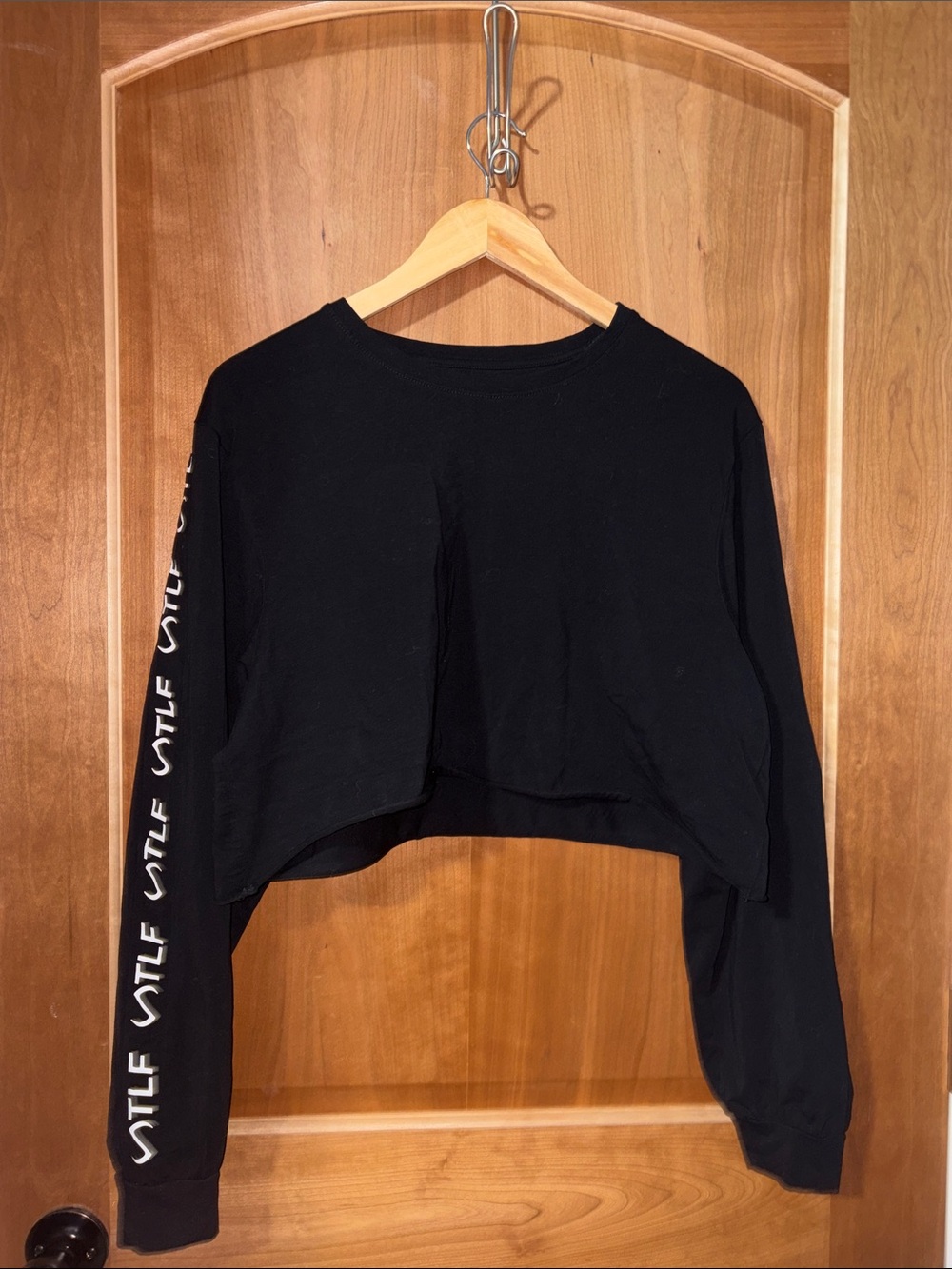Black Cropped Long-Sleeve Top with Sleeve Text